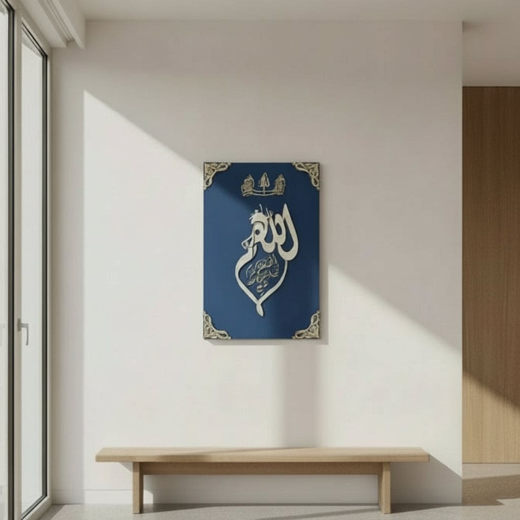 Large 31x48 Islamic Wall Art - 3D Gold Acrylic "Allah" with Dua on Royal Blue Velvet - Luxury Home Decor