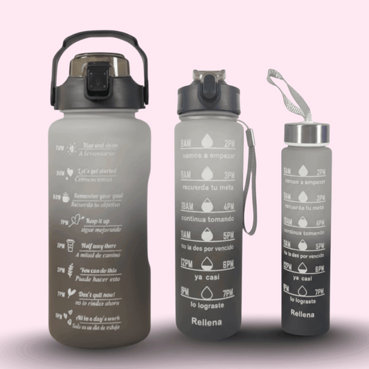 Set of 3 Motivational Water Bottles with Time Markers – BPA Free, Leakproof, Large & Portable - MB ENTERPRIZE - Black - 
