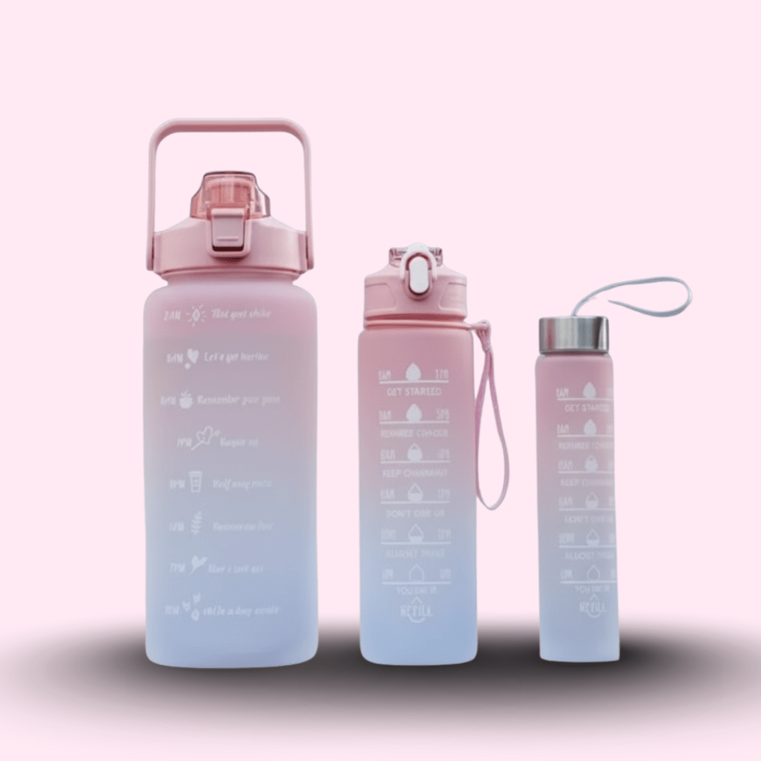 Set of 3 Motivational Water Bottles with Time Markers – BPA Free, Leakproof, Large & Portable - MB ENTERPRIZE - Pink - 